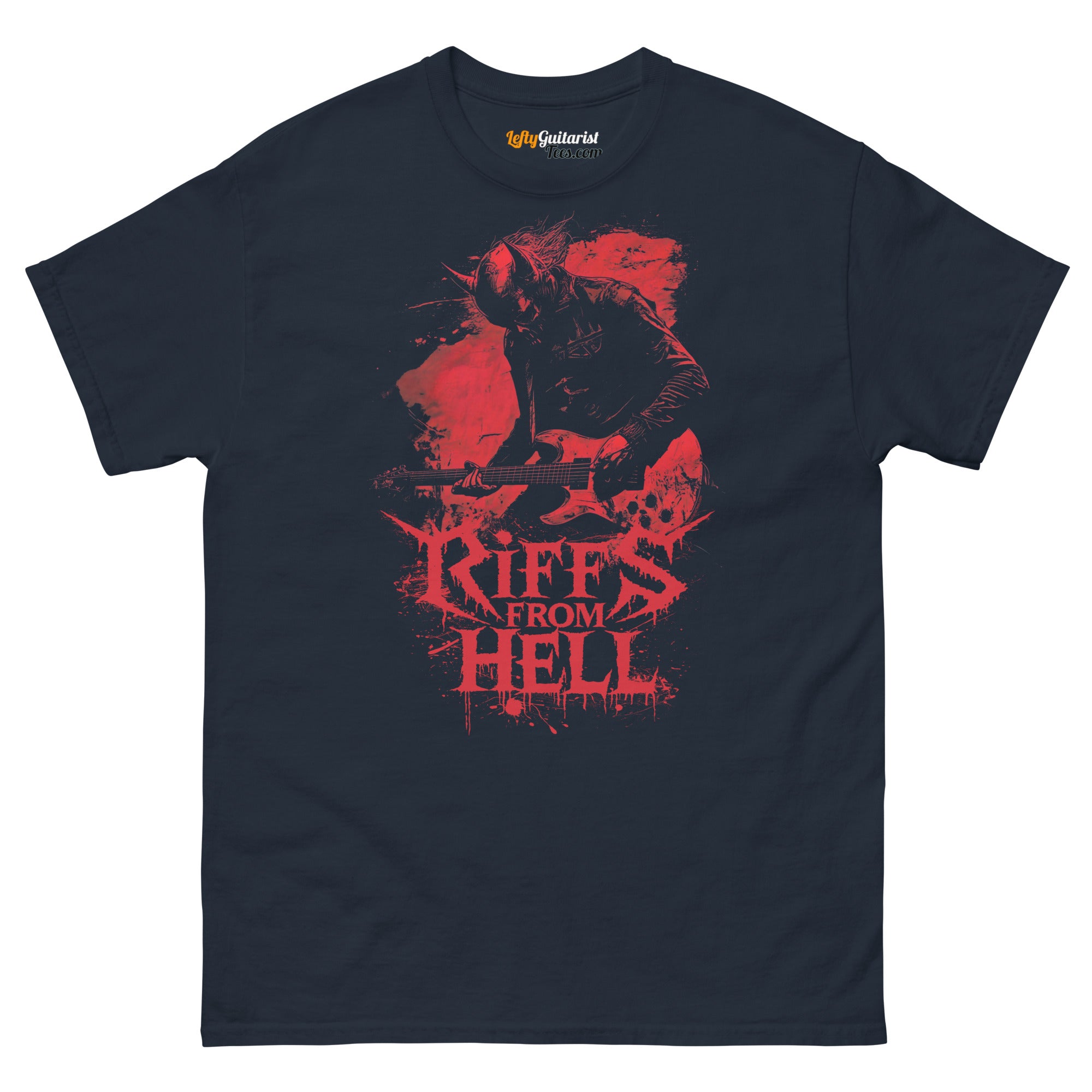 Navy unisex T-shirt featuring a red graphic of a lefty demon guitarist with the text "Riffs From Hell" below.