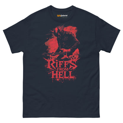 Navy unisex T-shirt featuring a red graphic of a lefty demon guitarist with the text "Riffs From Hell" below.