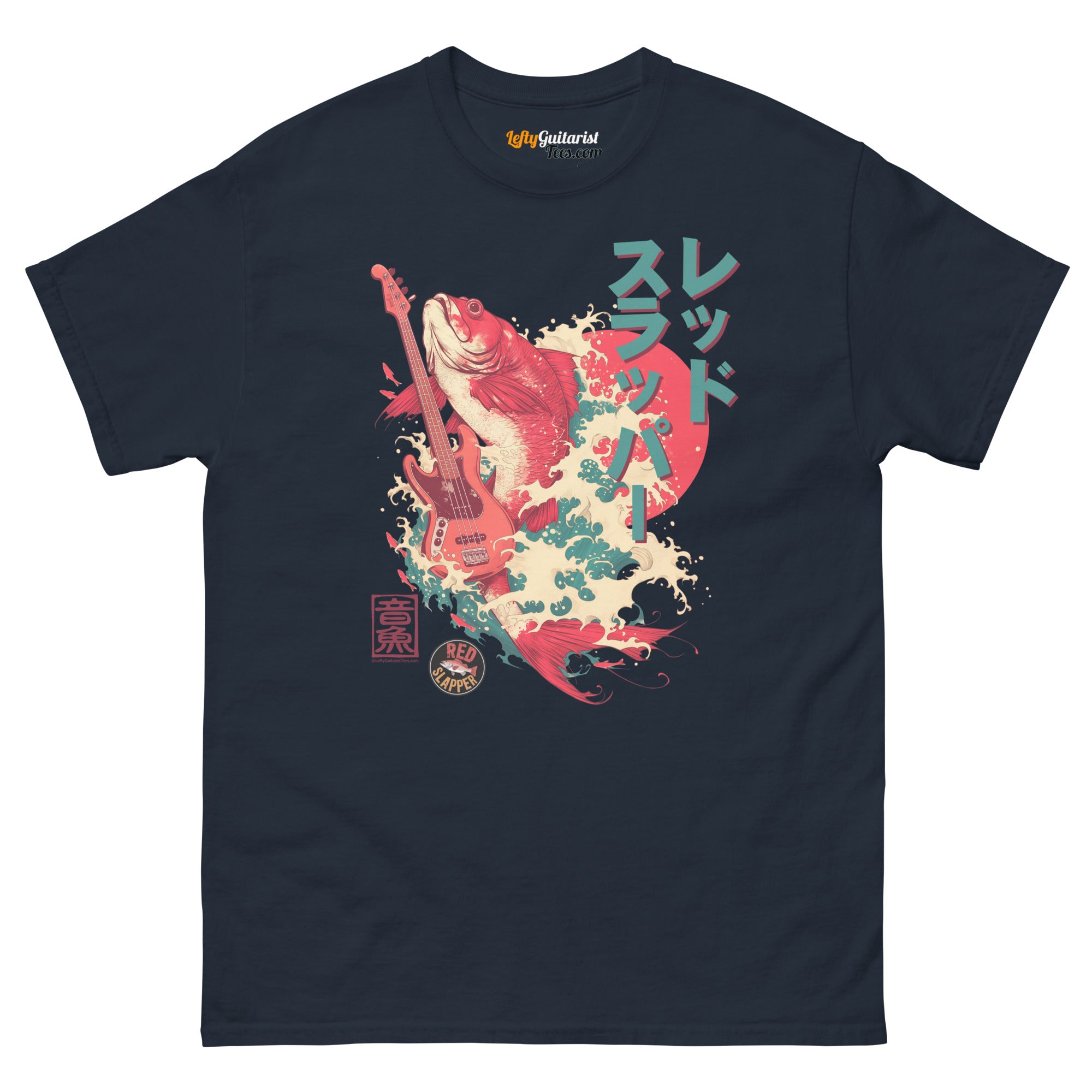 Navy unisex T-shirt featuring a graphic of a red snapper fish and lefty bass guitar with Japanese text and colorful wave design.