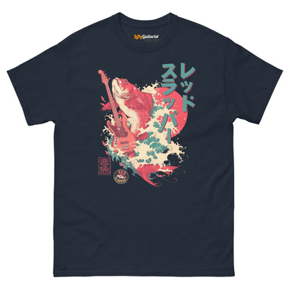 Navy unisex T-shirt featuring a graphic of a red snapper fish and lefty bass guitar with Japanese text and colorful wave design.