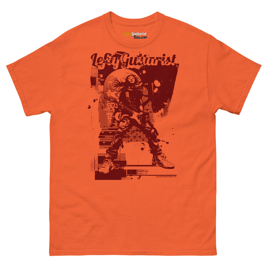 Distortion Queen" LeftyGuitarist unisex T-shirt in orange featuring a graphic of a guitarist with a distorted effect.