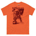 Distortion Queen" LeftyGuitarist unisex T-shirt in orange featuring a graphic of a guitarist with a distorted effect.