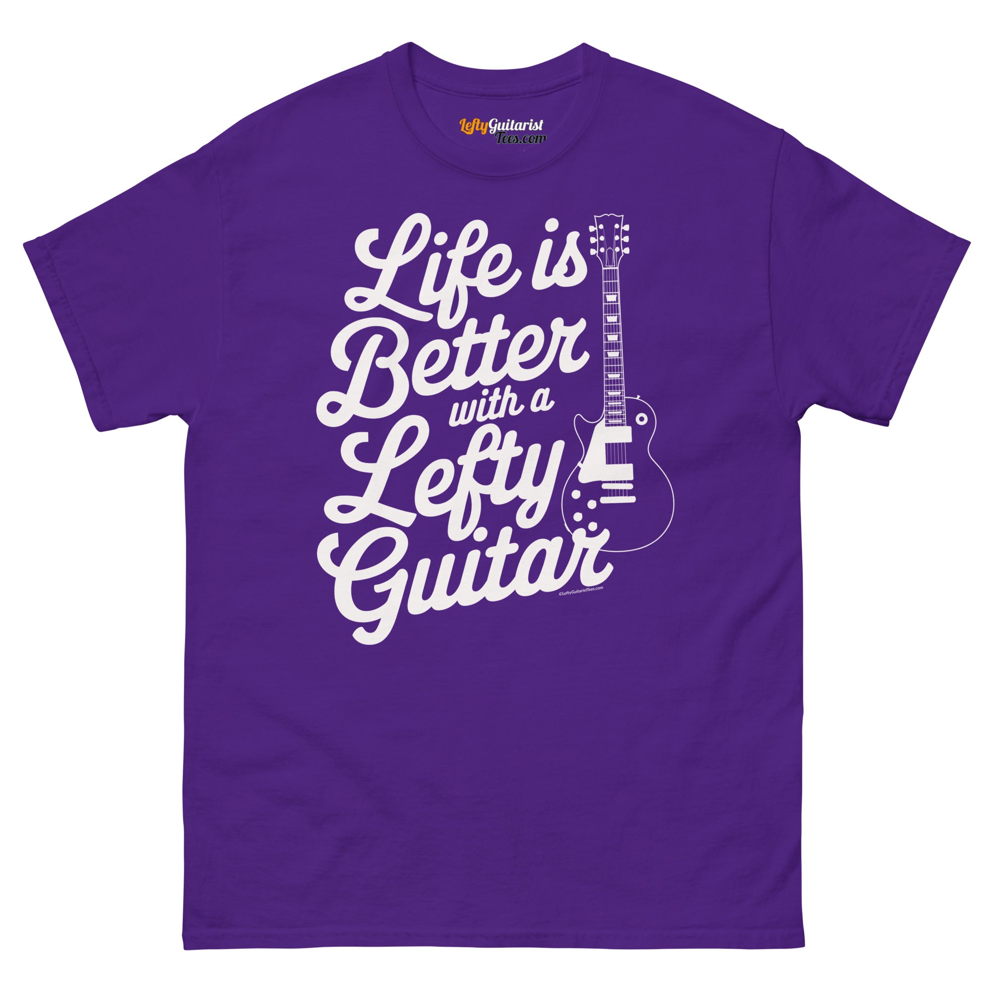 Purple unisex T-shirt featuring the text "Life is Better with a Lefty Guitar" and a left handed guitar graphic.