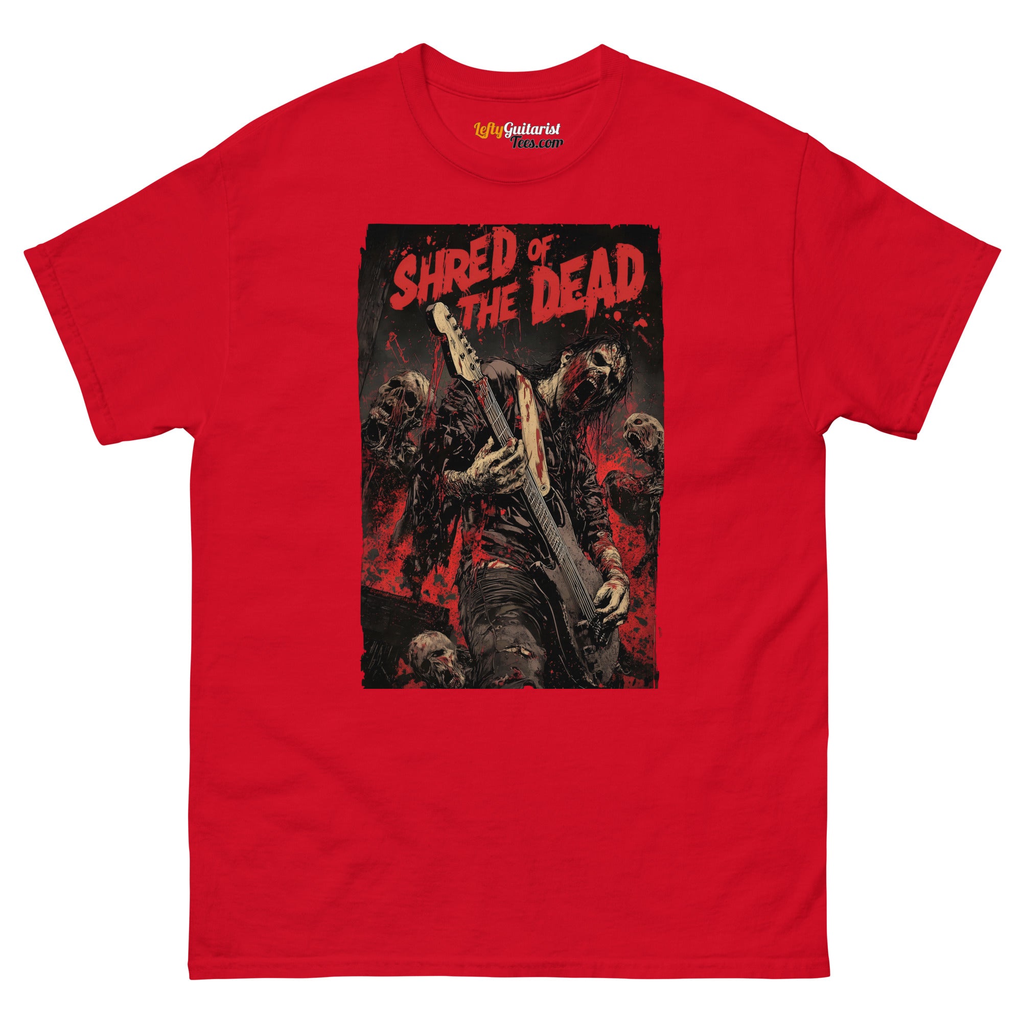 Red unisex T-shirt featuring a zombie guitarist with the text "Shred of the Dead" and skulls in the background.