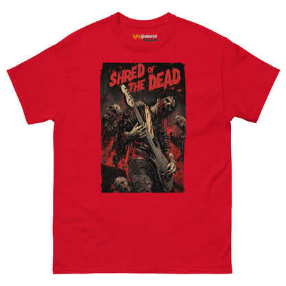Red unisex T-shirt featuring a zombie guitarist with the text "Shred of the Dead" and skulls in the background.