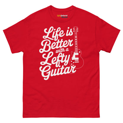 Red unisex T-shirt featuring the text "Life is Better with a Lefty Guitar" and a graphic of a left handed guitar.