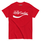 Red unisex T-shirt featuring the text "Enjoy Lefty Guitar" in white cursive font.