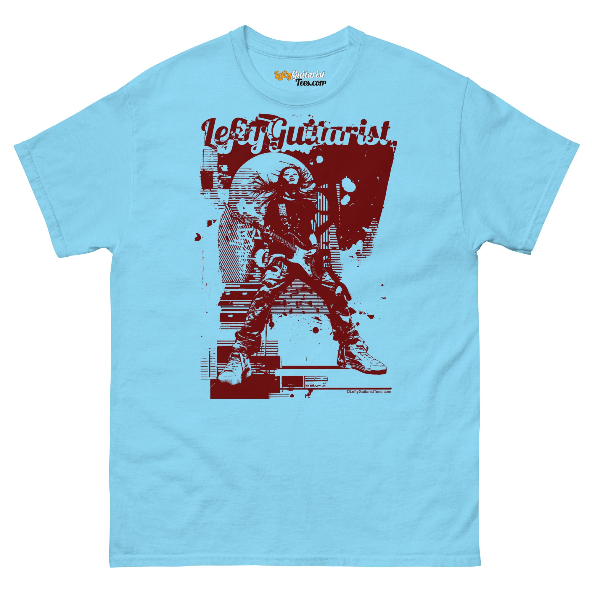 Light blue unisex T-shirt featuring a graphic design of a guitarist with the text "LeftyGuitarist" in red.