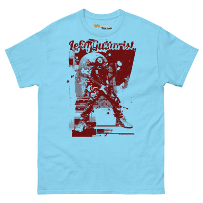 Light blue unisex T-shirt featuring a graphic design of a guitarist with the text "LeftyGuitarist" in red.
