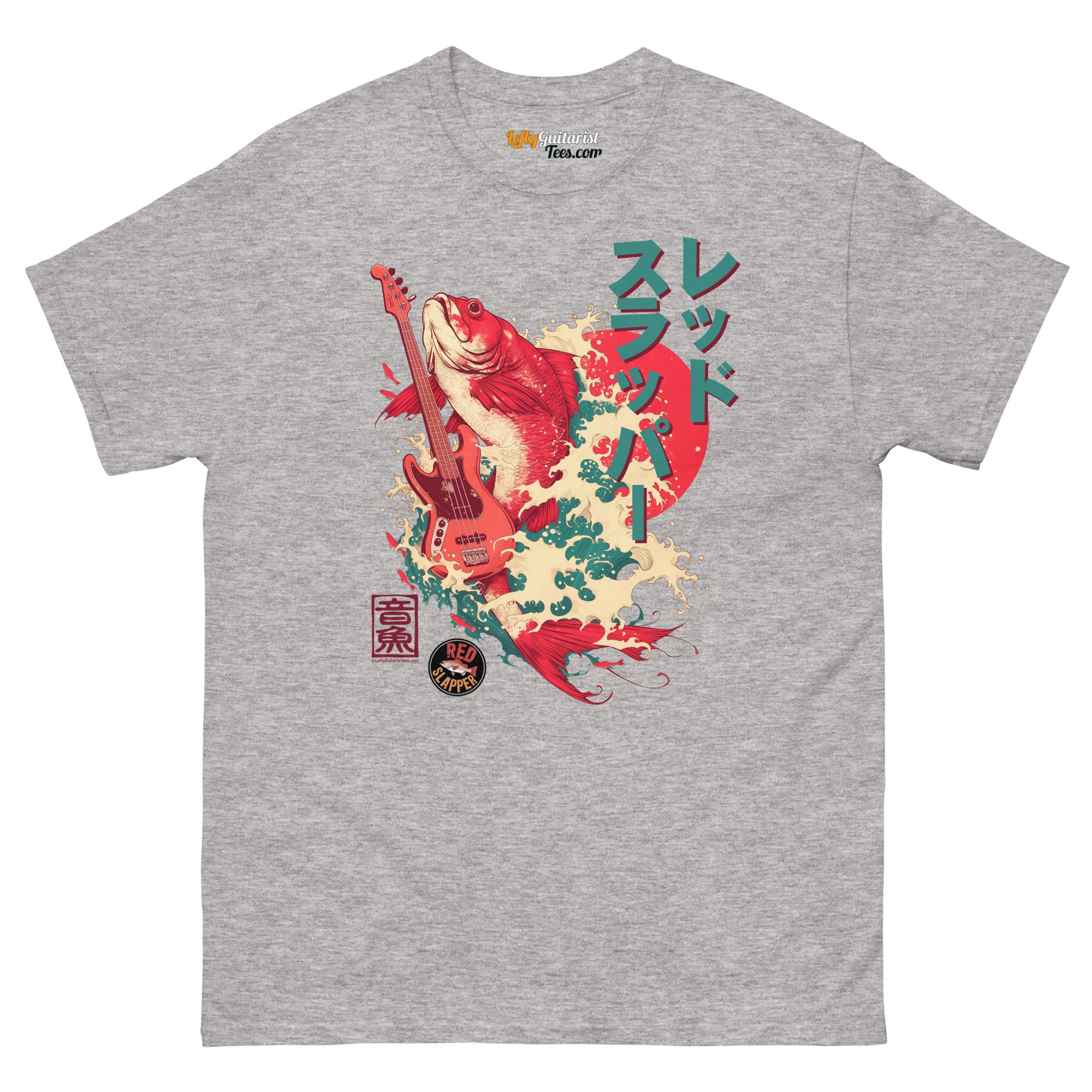 Unisex grey T-shirt featuring a red snapper fish graphic holding a lefty bass guitar and Japanese text design.