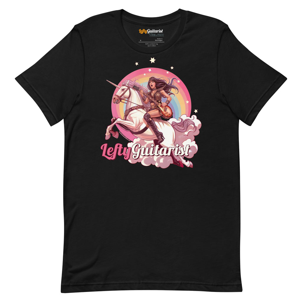 Black unisex T-shirt featuring a unicorn warrior graphic with a rainbow and the text "LeftyGuitarist.