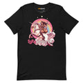 Black unisex T-shirt featuring a unicorn warrior graphic with a rainbow and the text "LeftyGuitarist.