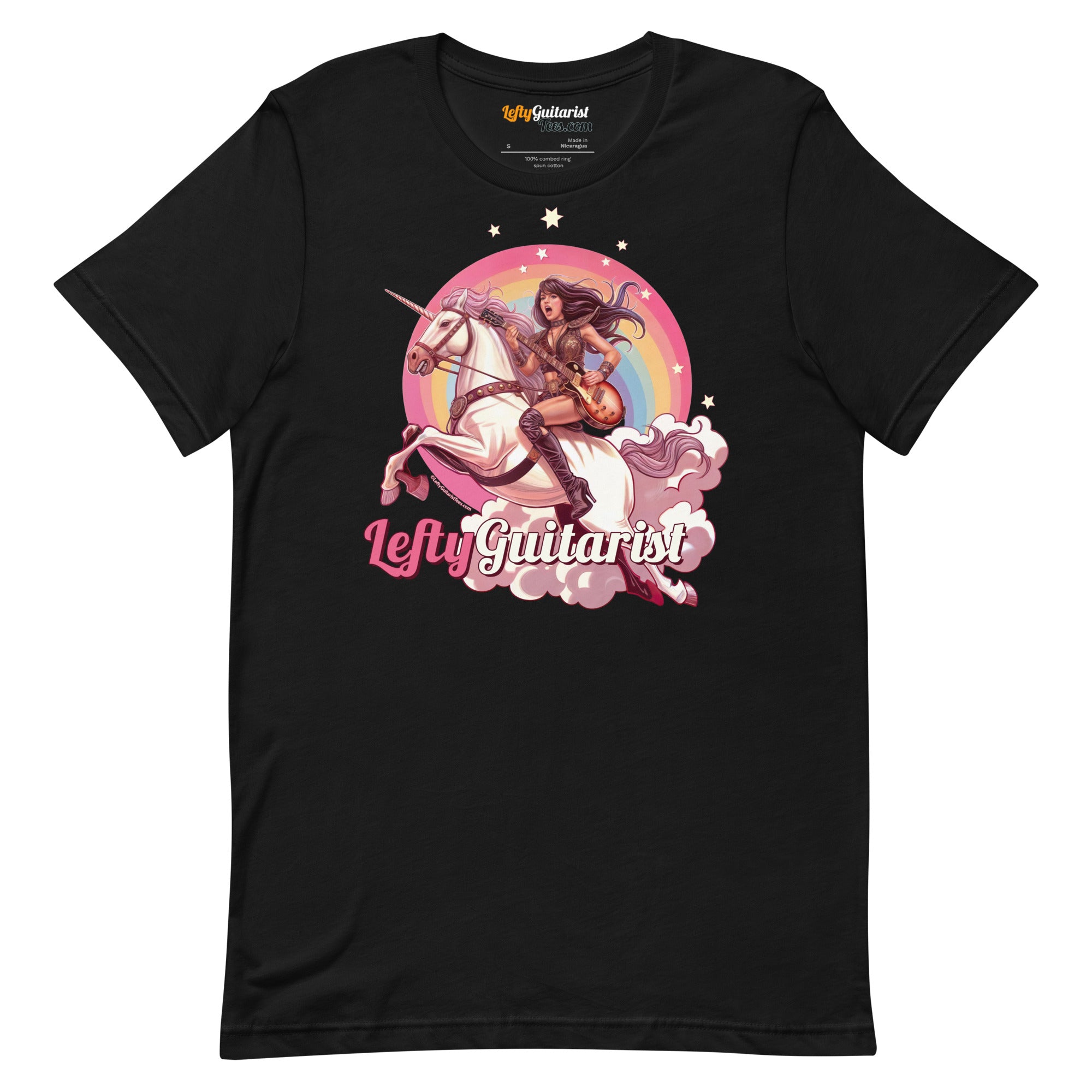 Black unisex T-shirt featuring a unicorn warrior graphic with a rainbow and the text "LeftyGuitarist.