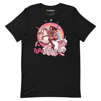 Black unisex T-shirt featuring a unicorn warrior graphic with a rainbow and the text "LeftyGuitarist.