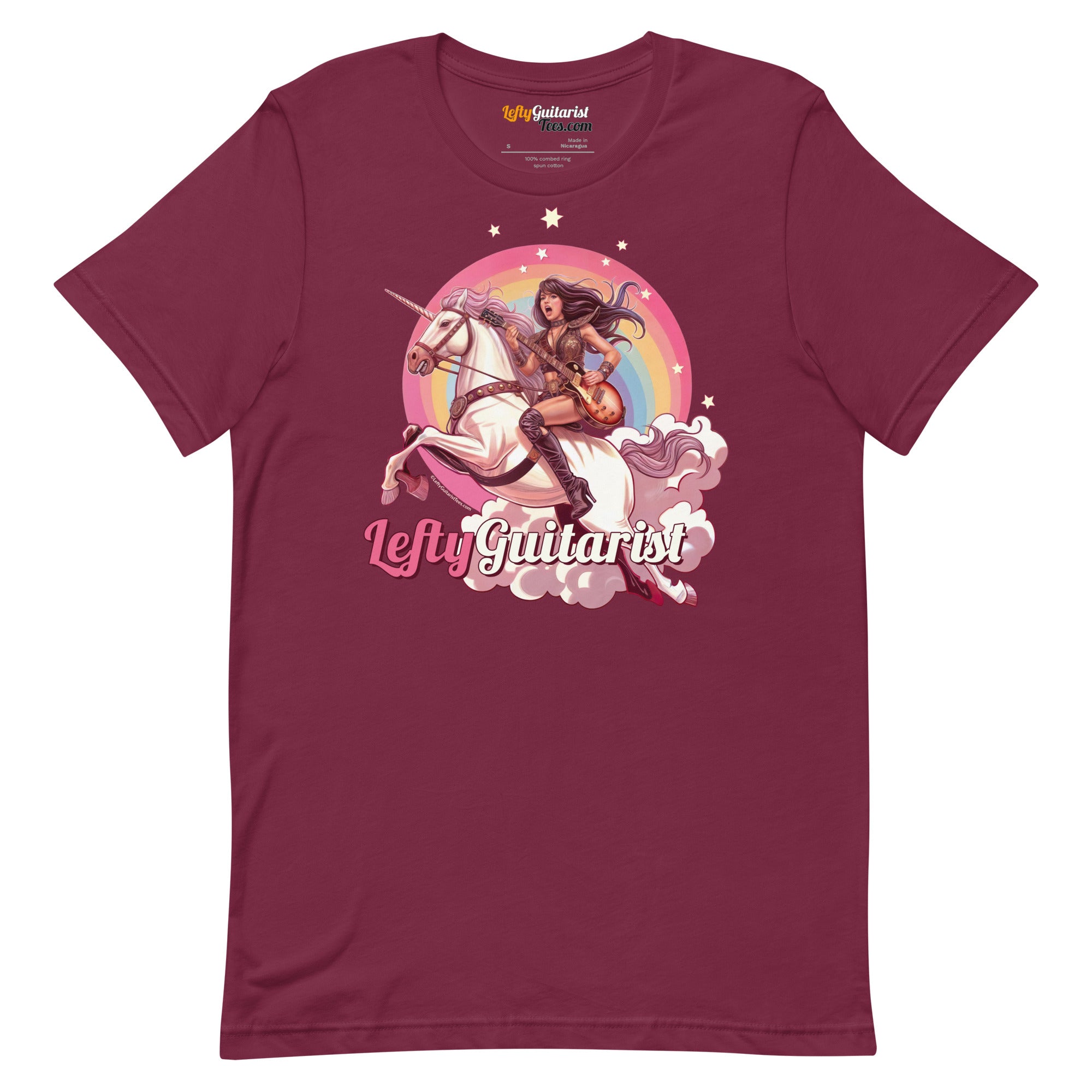 Maroon unisex T-shirt featuring a unicorn warrior graphic with the text "LeftyGuitarist" in vibrant colors.
