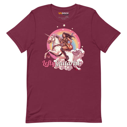 Maroon unisex T-shirt featuring a unicorn warrior graphic with the text "LeftyGuitarist" in vibrant colors.