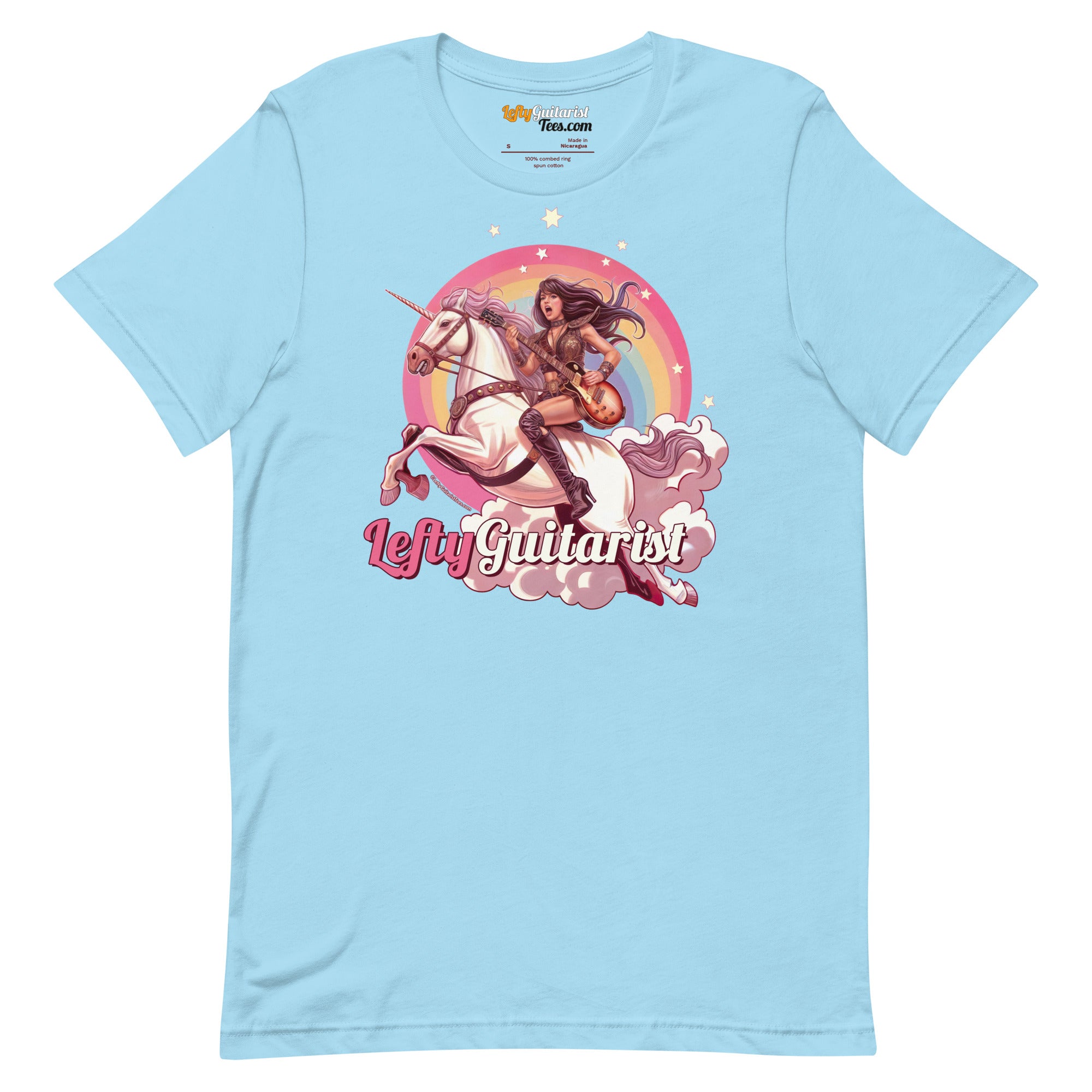Light blue unisex t-shirt featuring a unicorn warrior graphic with the text "Lefty Guitarist" below.