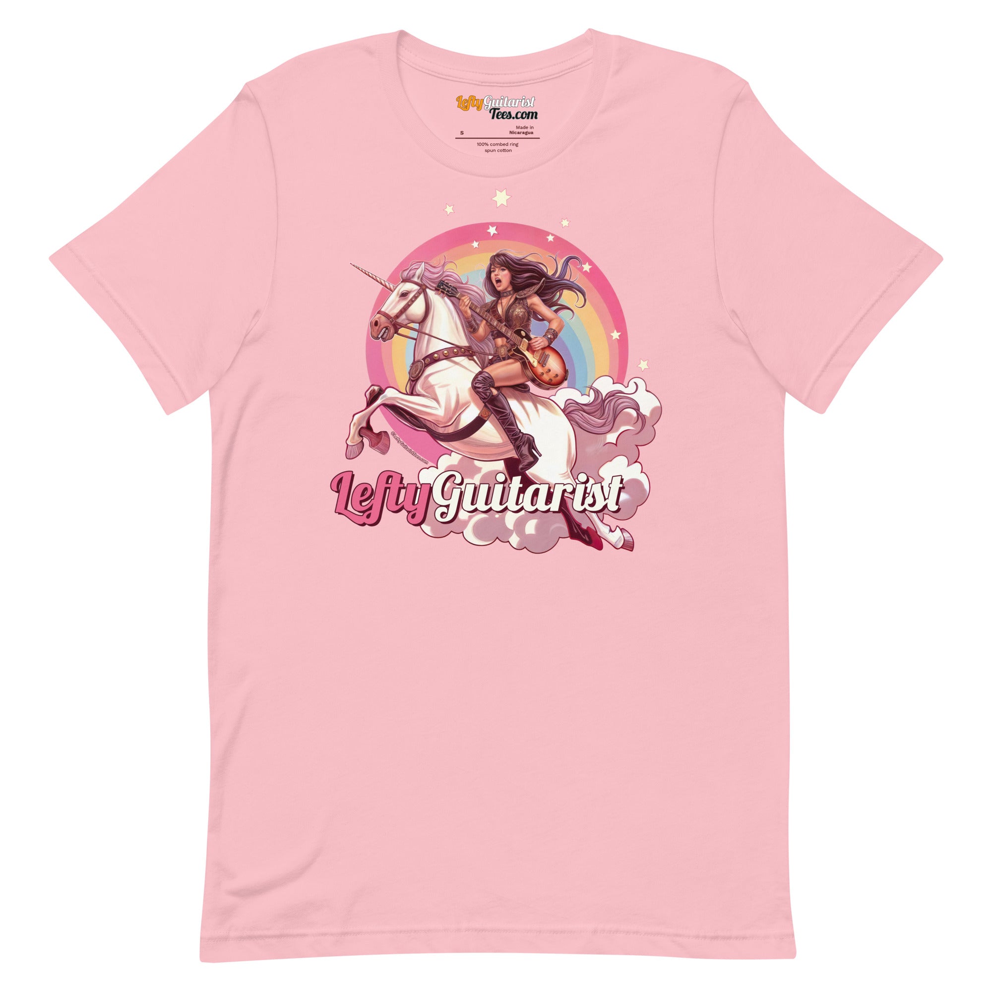 Pink unisex t-shirt featuring a unicorn warrior graphic with the text "LeftyGuitarist" below.