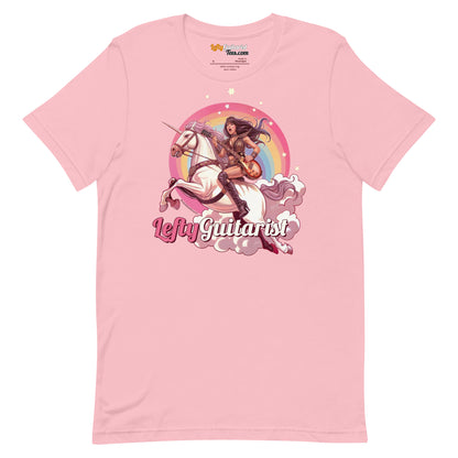 Pink unisex t-shirt featuring a unicorn warrior graphic with the text "LeftyGuitarist" below.