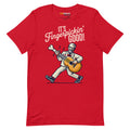 Red unisex T-shirt featuring a cartoon character playing a guitar made of fried chicken with the text "It's Fingerpickin' ...
