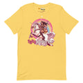 Yellow unisex t-shirt featuring a unicorn and a warrior woman with the text "Lefty Guitarist" in pink.