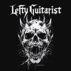 LeftyGuitarist "Horned Skull" T-shirt design featuring a detailed skull design with horns on a black background.
