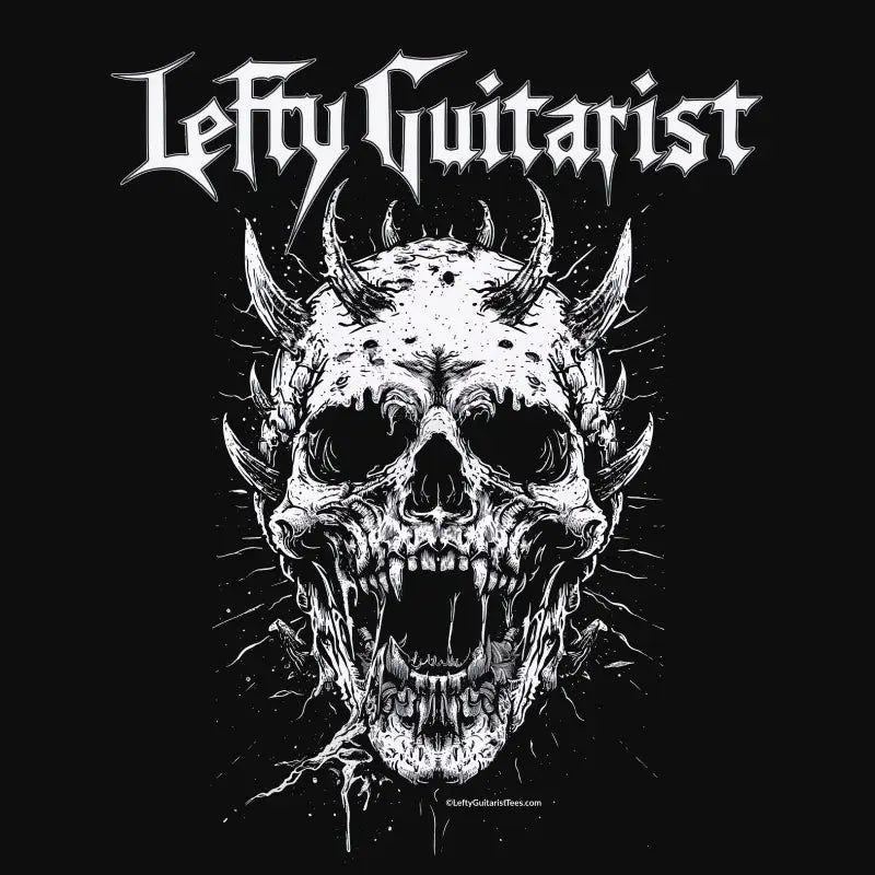 LeftyGuitarist "Horned Skull" T-shirt design featuring a detailed skull design with horns on a black background.