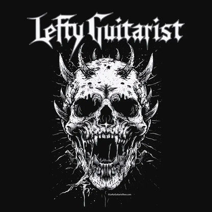 LeftyGuitarist "Horned Skull" T-shirt design featuring a detailed skull design with horns on a black background.