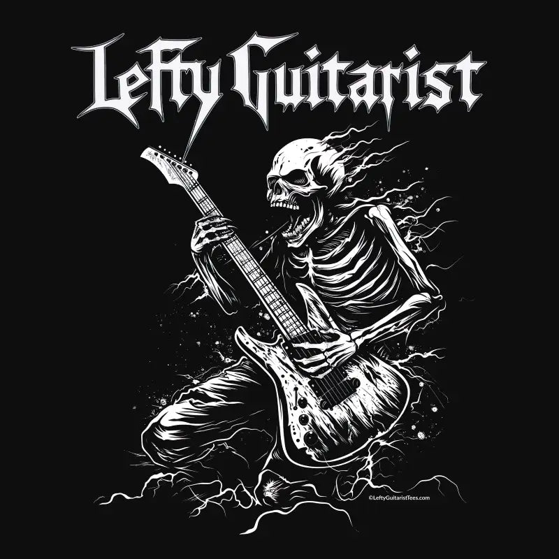 LeftyGuitarist "Skeleton" T-shirt design featuring a skeleton playing a left handed electric guitar against a black background.