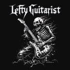 LeftyGuitarist "Skeleton" T-shirt design featuring a skeleton playing a left handed electric guitar against a black background.
