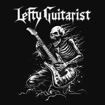 LeftyGuitarist "Skeleton" T-shirt design featuring a skeleton playing a left handed electric guitar against a black background.