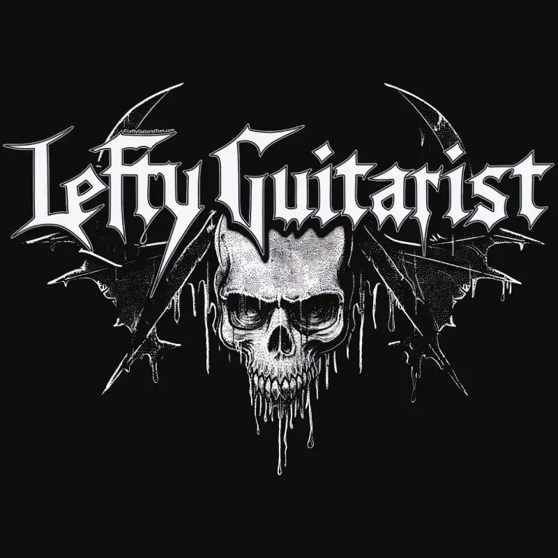 LeftyGuitarist "Skull" logo t-shirt design featuring a skull design on a black background.