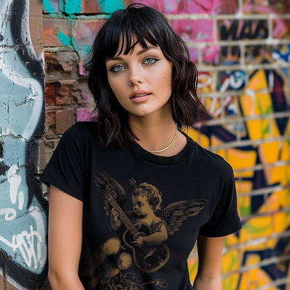 Black unisex T-shirt featuring a Cupid playing left handed classical guitar design, worn by a woman against a colorful graffiti background.